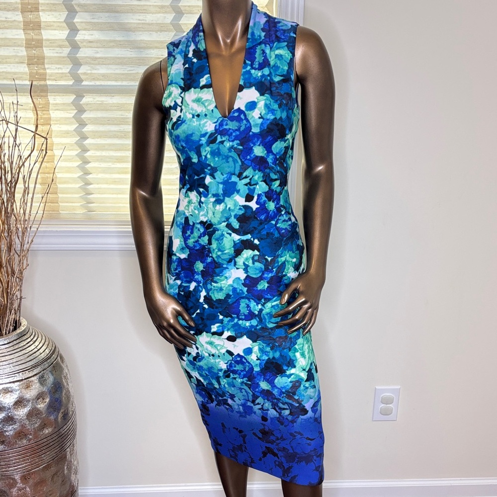 Vince Camuto Blue and Green Floral Midi Dress